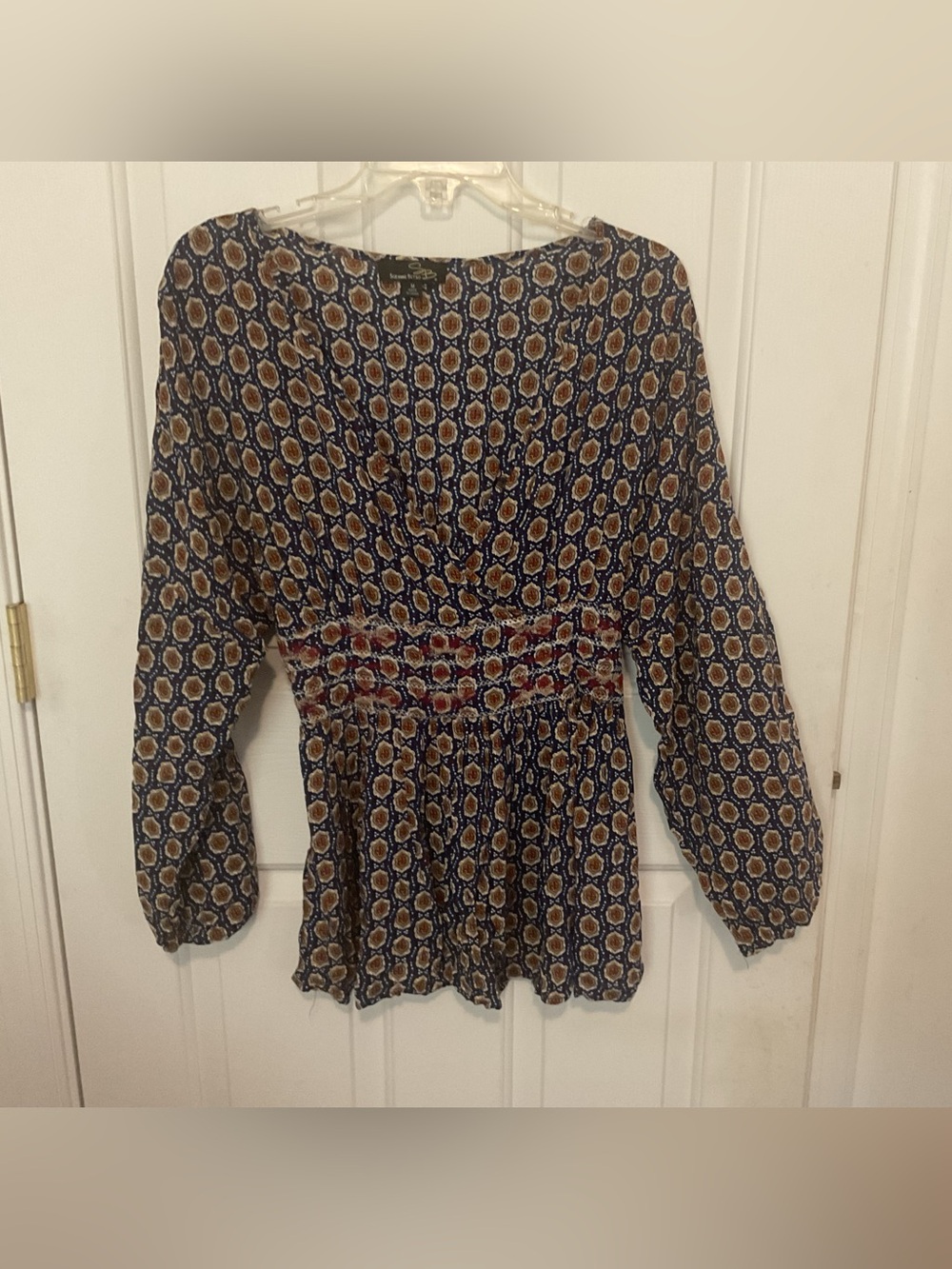 Suzanne Betro Navy and Tan Printed Peplum Tunic